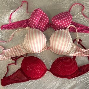 Victoria's Secret Pink and Red Bra Trio 34C 36B